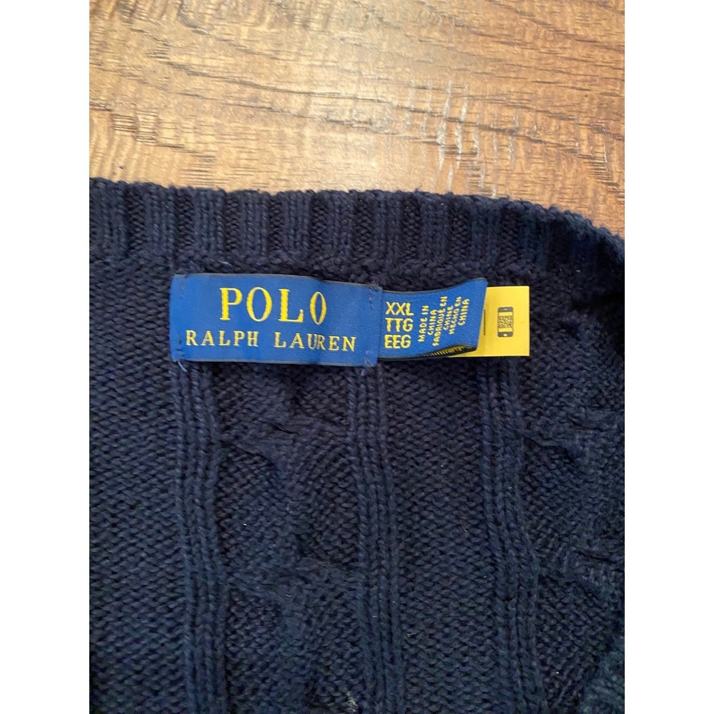 Polo Ralph Lauren Mens XXL Navy Blue Cable Knit Crewneck Sweater Red Pony Logo - Picture 3 of 6